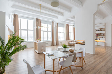 interior design spacious bright studio apartment in Scandinavian style and warm pastel white and...