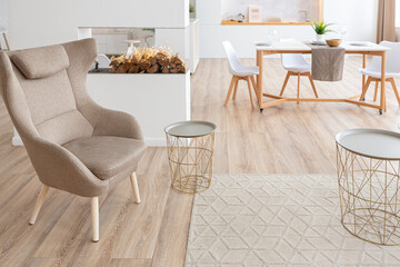 interior design spacious bright studio apartment in Scandinavian style and warm pastel white and beige colors. trendy furniture in the living area and modern details in the kitchen area.