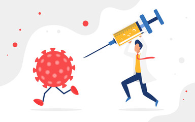 Fight coronavirus, vaccination concept vector illustration. Cartoon viral cell character running from person with vaccine syringe injection, man attacking fighting covid19 virus isolated on white