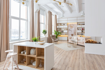 interior design spacious bright studio apartment in Scandinavian style and warm pastel white and...
