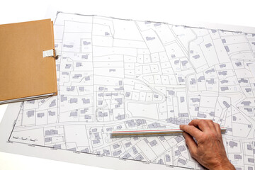 Urbanisme et Aménagement du territoire - main tenant une règle pour mesurer une distance - projet d'urbanisme sur fond de plan cadastral