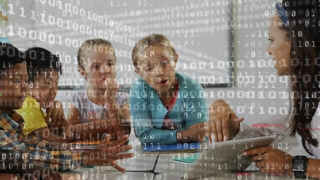 Binary coding data processing against female teacher teaching group of students using digital tablet