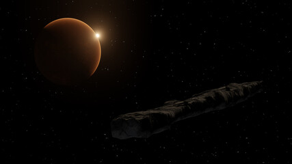 Interstellar object passing through the Solar System called Oumuamua comet. 3D rendering © l_martinez