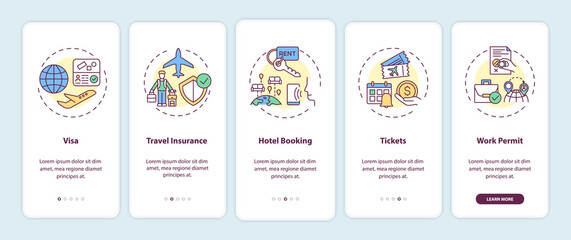 Business trip requirements onboarding mobile app page screen with concepts. Travel insurance walkthrough 5 steps graphic instructions. UI vector template with RGB color illustrations