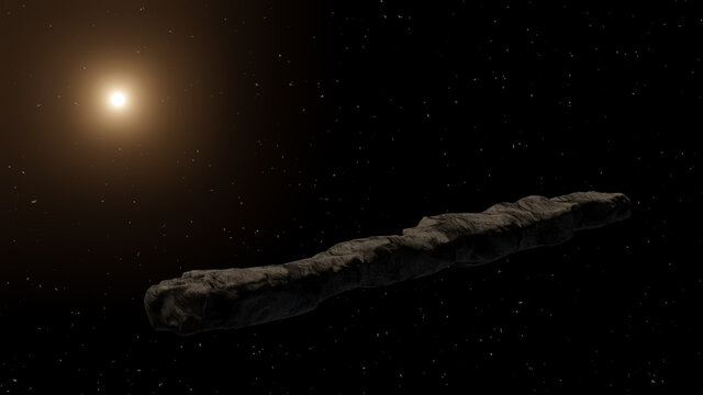 Interstellar object passing through the Solar System called Oumuamua comet. 3D rendering