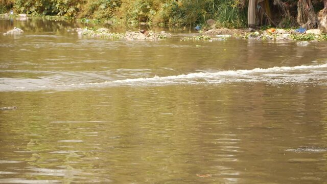 Close shot of moving water with waste at the river shores