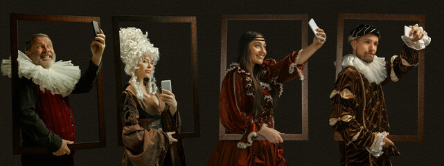 Selfie framing, devices. Medieval people as a royalty persons in vintage clothing on dark background. Concept of comparison of eras, modernity and renaissance, baroque style. Creative collage. Flyer - obrazy, fototapety, plakaty