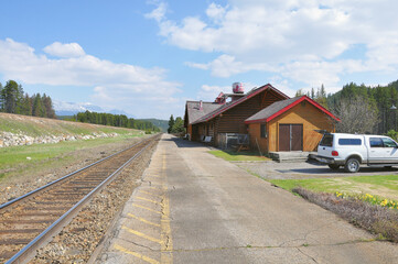 Fototapeta na wymiar Railway tracks on Lake Louise station. Alberta.