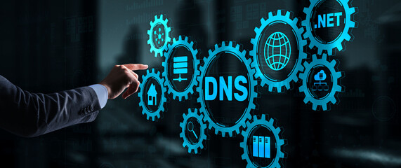 DNS concept businessman touching on virtual screen. - obrazy, fototapety, plakaty