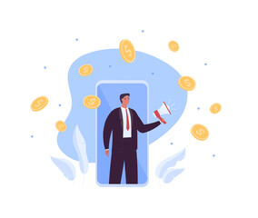 Business technology and marketing concept. Vector flat creative illustration. Businessman with loudspeaker on smartphone screen. Money rain finance success symbol on background.