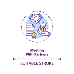 Fototapeta premium Meeting with partners concept icon. Business travel during covid 19 idea thin line illustration. Business conference, meeting. Vector isolated outline RGB color drawing. Editable stroke