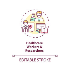 Healthcare workers and researchers concept icon. Covid 19 safety measures idea thin line illustration. Medical staff. Battle covid 19. Vector isolated outline RGB color drawing. Editable stroke