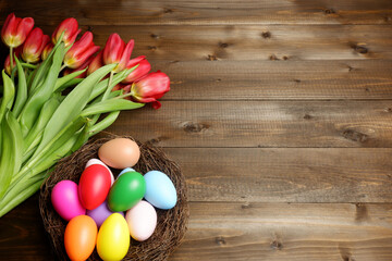 Obraz na płótnie Canvas Multi colored easter eggs in birds nest and fresh red tulip flowers on dark wooden planks table with copy space. Easter holiday banner, card, header, poster, voucher, invitation template