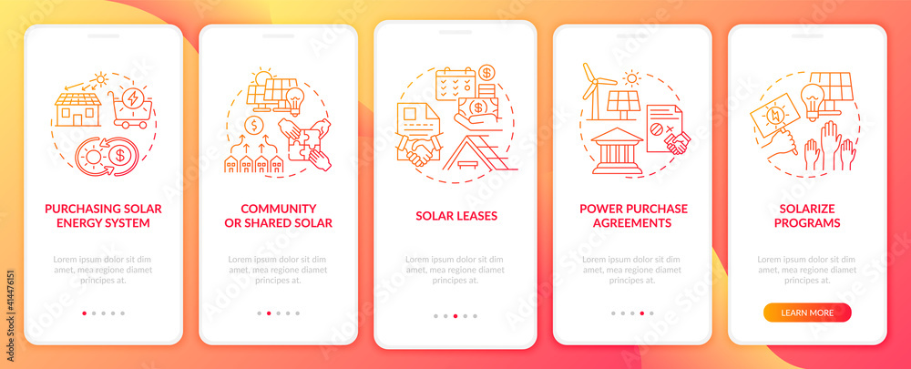 Wall mural solar leases onboarding mobile app page screen with concepts. solar energy solution. solarize progra