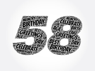 Happy 58th birthday word cloud, holiday concept background