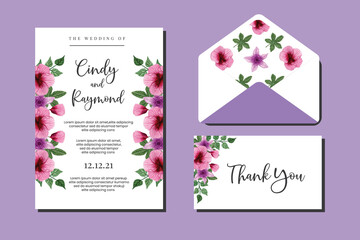 Wedding invitation frame set, floral watercolor hand drawn Hollyhock Flower design Invitation Card Template
