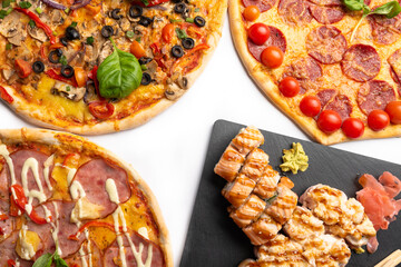 Pizza and sushi rolls for menu.