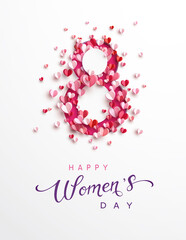 Women's Day greeting card or banner with pink cut eight number and flying paper hearts. Vector 8 March international holiday poster template