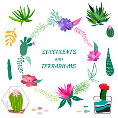 Set of geometric florariums. Geometric terrariums set with plants, succulents and cactus. Scandinavian style home decor. Glass crystal florariums isolated on white background.