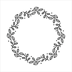 Vector hand drawn spring wreath isolated on white background. Outline circle of leaves. Doodle style. Floral frame.