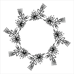 Vector hand drawn spring wreath isolated on white background. Outline circle of leaves. Doodle style. Floral frame.