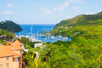 Top view of Marigot bay and yachts Saint Lucia