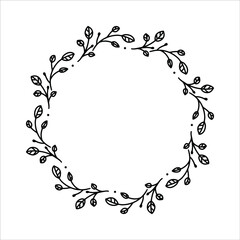 Vector hand drawn spring wreath isolated on white background. Outline circle of leaves. Doodle style. Floral frame.