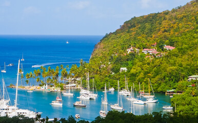 Top view of Marigot bay and yachts Saint Lucia