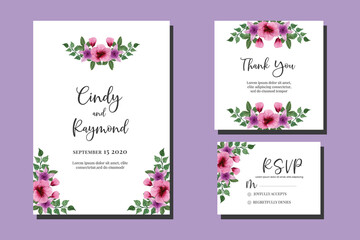 Wedding invitation frame set, floral watercolor hand drawn Hollyhock Flower design Invitation Card Template
