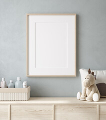 Mockup poster frame close up in nursery, 3d render