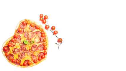 Fototapeta premium pizza in the shape of a heart and cherry tomato