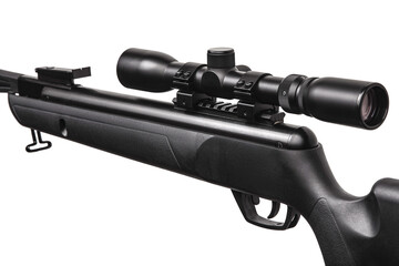 Pneumatic rifle isolated on white back. Rifle with optical sight. Weapons for sports, hunting and...