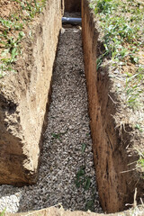 Gravel trench for drainage and drainage, drainage around the house.