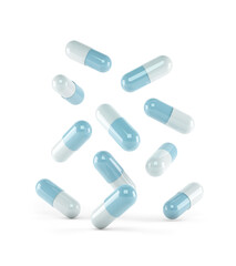 Medicine capsules falling isolated from the white background. 3d rendering