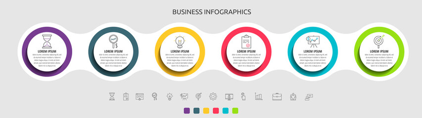 Business vector infographic circles for six label, diagram, graph, presentations. Concept with 6 options used with content, flowchart, steps, timeline, workflow, marketing.