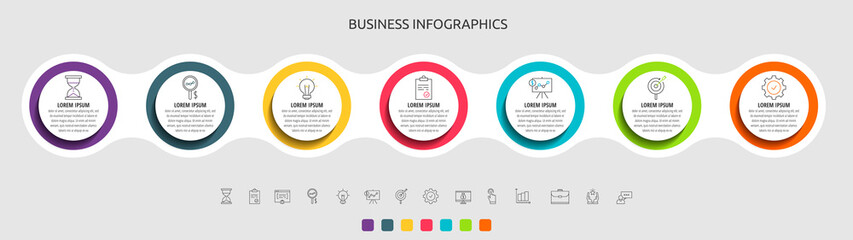 Business vector infographic circles for seven label, diagram, graph, presentations. Concept with 7 options used with content, flowchart, steps, timeline, workflow, marketing.