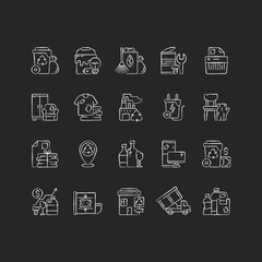 Waste management chalk white icons set on black background. Residential waste collection. Paper shredding. Grass clippings, leaves, branches. Bulky refuse. Isolated vector chalkboard illustrations
