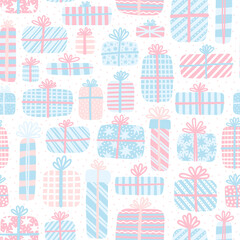Fototapeta premium Vector seamless pattern with cute gifts. Hand-drawn illustration in pastel colors on a white background. 