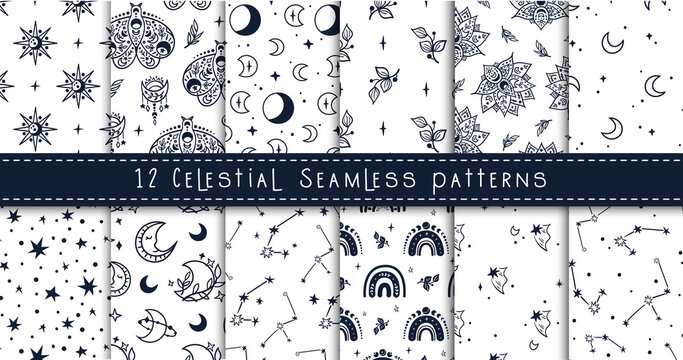 Celestial black and white moon, rainbow, stars seamless pattern bundle - hand drawn line space digital paper, cute kids starry seamless background for textile, scrapbooking, wrapping paper