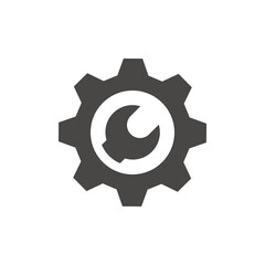 Cogwheel or gear with wrench vector icon. Gog wheel, spanner or technical support symbol.