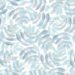 Fototapeta na wymiar Seamless pattern with rowan leaves. Hand-drawn illustration in cold colors for packaging, gift wrap, wallpapers, fabric, scrapbooking paper and any type of printed products.