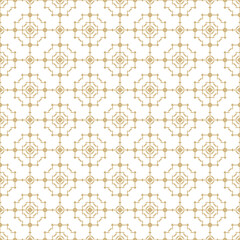 Golden vector geometric seamless pattern in ethnic style. Abstract texture with diamonds, rhombuses, squares, grid, lattice, flower shapes. Elegant gold and white ornament background. Luxury design