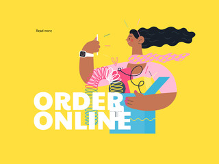 Discounts, sale, promotion - online shopping- modern flat vector concept illustration of a young woman holding a box full of goods. Delivery and online orders concept. Order online call