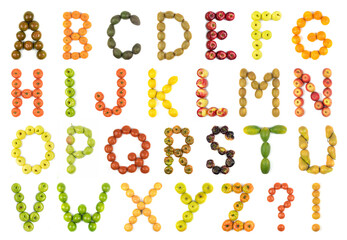 Alphabet of letters formed with fruits of varied colors. High definition for use in various...