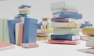 Many colorful books put randomly messy 3D illustration