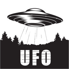 UFO over forest, alien space ship with ray of light, extraterrestrial flying saucer, ufo disk, vector