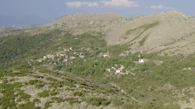 Old Perithia abandoned village in Corfu, Greece. Ghost village, drone footage, aerial, landscape, mountains, panorama. Drone Video Footage 4K #4