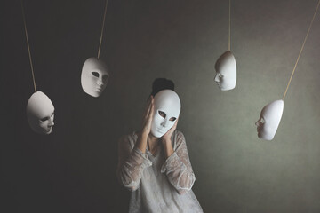 person with mask does not want to hear the judgment of other masks, concept of judgment and introspection . - obrazy, fototapety, plakaty