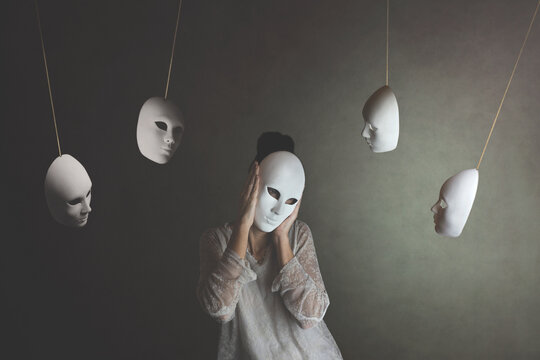 person with mask does not want to hear the judgment of other masks, concept of judgment and introspection .