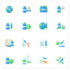 Coronavirus vaccine flat icons set. Health care, worldwide medicine. Cure search, vaccine development process stages. Vaccination against Covid19 disease. 3d vector illustrations